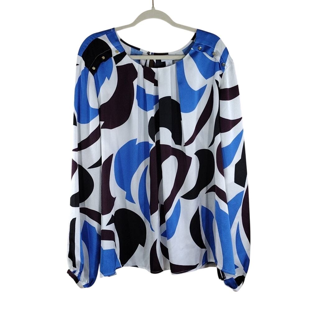 Liz Claiborne Plus Size Blue Black Geometric Pattern Cuffed Sleeves Formal Shirt